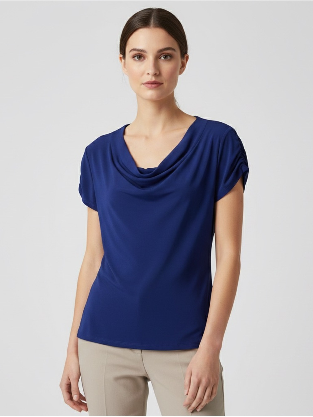 Tahari Petite Royal Blue Cowl Neck Short Sleeve Knit Top SP
